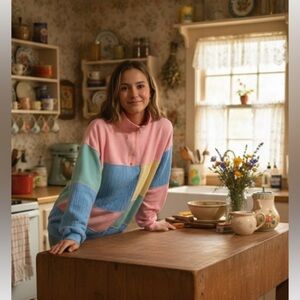 Vintage Pullover color block pastel 3D Cable knit Northern Spirit Petites kawaii